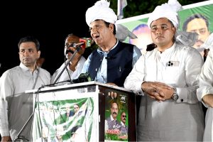 Federal Minister for Kashmir Affairs, Gilgit Baltistan and SAFRON Engr Amir Muqam addresses a public gathering in Mirpur, Azad Jammu & Kashmir.