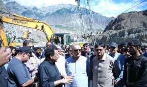 Federal Minister for Communications Abdul Aleem Khan Inspects restoration activity at the flood affected bridge near Sassi Harmosh Ansar Camp along the Skardu Gilgit Road