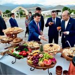 President Asif Ali Zardari tastes traditional Kyrgyz cuisine during a cultural reception hosted in his honour at the Rukh Ordo Cultural Center