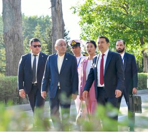 President Asif Ali Zardari and Marlen Mamataliyev, Speaker of the Jogorku Kenesh of the Kyrgyz Republic, walk to the Golden Yurt following their meeting