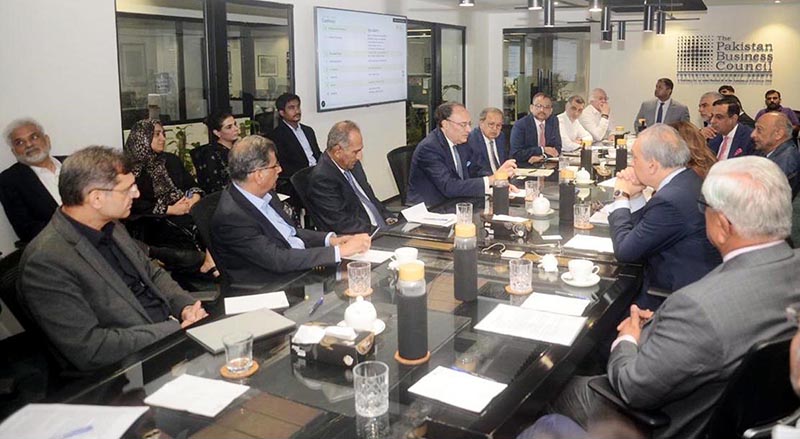 Federal Minister for Finance and Revenue, Senator Muhammad Aurangzeb, holding a meeting with members of the Pakistan Business Council (PBC) to discuss Pakistan’s economic outlook, reform agenda, and policy continuity
