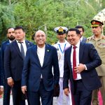 President Asif Ali Zardari and Marlen Mamataliyev, Speaker of the Jogorku Kenesh of the Kyrgyz Republic, walk to the Golden Yurt following their meeting