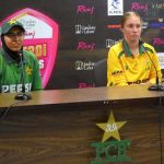 Pakistan Under-19 Women's Captain Fizza Fiaz and South Africa Under-19 Women's Captain Mieke van Voorst address a press conference ahead of the Pakistan vs South Africa Under-19 Women's T20 series at the National Stadium