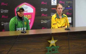 Pakistan Under-19 Women's Captain Fizza Fiaz and South Africa Under-19 Women's Captain Mieke van Voorst address a press conference ahead of the Pakistan vs South Africa Under-19 Women's T20 series at the National Stadium