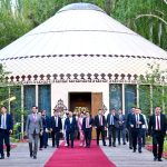 President Asif Ali Zardari and Marlen Mamataliyev, Speaker of the Jogorku Kenesh of the Kyrgyz Republic, walk to the Golden Yurt following their meeting