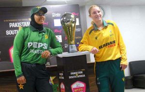 Pakistan Under-19 Women's Captain Fizza Fiaz and South Africa Under-19 Women's Captain Mieke van Voorst address a press conference ahead of the Pakistan vs South Africa Under-19 Women's T20 series at the National Stadium