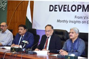 Federal Minister for Planning, Development and Special Initiatives Ahsan Iqbal addresses the launching ceremony of the Monthly Development Report (MDU).