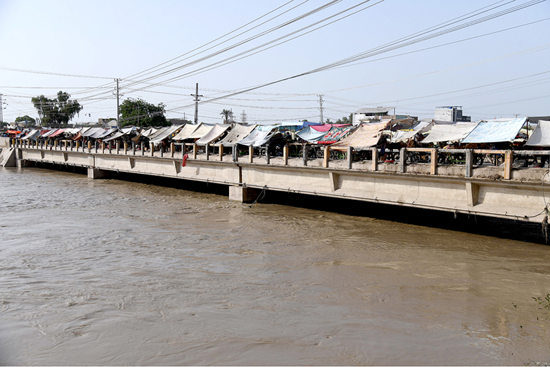 A large number of handcarts parked under makeshift shades on the bridge over the Rice Canal near the Old Bus Stand obstruct the flow of traffic, drawing attention to the need for corrective measures by the concerned authorities
