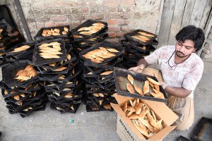 A worker busy in work at a local bakery near Rahmat Pur
