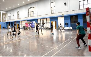 A view of Final Hand Ball Match playing between District Sargodha and District Bhakher Hand Ball Teams during Inter District Hand Ball Championship organized by Hand Ball Association with the collaboration of District Sports Department at Sports Gymnasium.