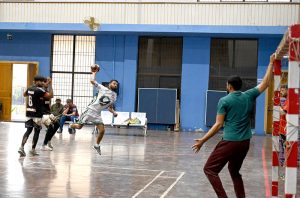 A view of Final Hand Ball Match playing between District Sargodha and District Bhakher Hand Ball Teams during Inter District Hand Ball Championship organized by Hand Ball Association with the collaboration of District Sports Department at Sports Gymnasium.