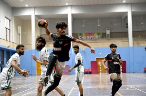 A view of Final Hand Ball Match playing between District Sargodha and District Bhakher Hand Ball Teams during Inter District Hand Ball Championship organized by Hand Ball Association with the collaboration of District Sports Department at Sports Gymnasium.