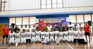 A view of Final Hand Ball Match playing between District Sargodha and District Bhakher Hand Ball Teams during Inter District Hand Ball Championship organized by Hand Ball Association with the collaboration of District Sports Department at Sports Gymnasium.