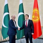 President Asif Ali Zardari shaking hands with Marlen Mamataliyev, Speaker of the Kyrgyz Parliament at State House Congress Hall