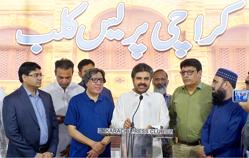 Sindh Minister for Local Government, Nasir Hussain Shah addresses media persons at Karachi Press Club