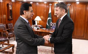 Speaker National Assembly Sardar Ayaz Sadiq receiving Ambassador of the Republic of Kazakhstan Mr. Yerzhan Kistafin at Parliament Housein the federal capital