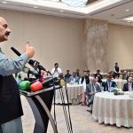 Chairman Prime Minister's Youth Programme Rana Mashhood Ahmed Khan addressing a "Conferral of Honorary Doctorate Degree Ceremony" at local hotel