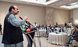 Chairman Prime Minister's Youth Programme Rana Mashhood Ahmed Khan addressing a "Conferral of Honorary Doctorate Degree Ceremony" at local hotel