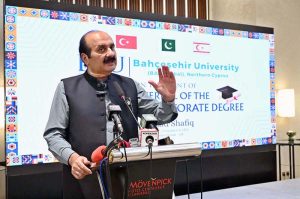 Chairman Prime Minister's Youth Programme Rana Mashhood Ahmed Khan addressing a "Conferral of Honorary Doctorate Degree Ceremony" at local hotel