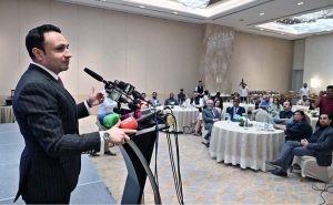 Advisor to the Prime Minister on Tourism, Sardar Yasir Ilyas Khan addressing a "Conferral of Honorary Doctorate Degree Ceremony" at local hotel