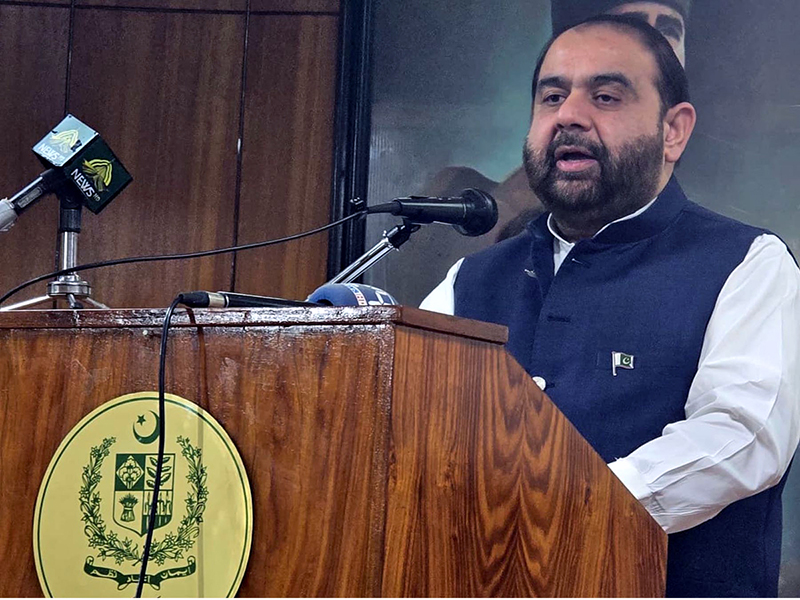 Federal Minister for National Heritage and Culture Aurangzeb Khan Khichi addressing the launching ceremony of the first three volumes of the revised edition of Urdu Lughat at NLPD