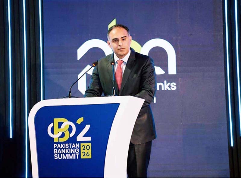 Minister of State for Fianance and Revenue, Bilal Azhar Kayni is delivering a speech at Pakistan Banking Association Summit 2026