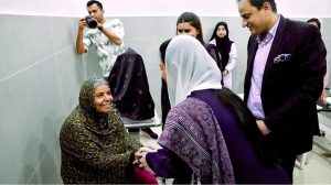 First Lady and MNA Bibi Asifa Bhutto Zardari interacts with a patient during her visit to Spencer Eye Hospital in Lyari, where she inspected healthcare facilities and reviewed the medical services being provided to patients