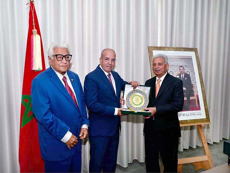 Federal Minister for National Food Security and Research Rana Tanveer Hussain receives a commemorative souvenir from Ahmed El Bouari, Minister of Agriculture, Fisheries, Rural Development and Forests of the Kingdom of Morocco following their bilateral meeting in Rabat