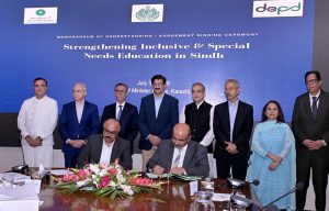 Sindh Chief Minister Syed Murad Ali Shah, Aga Khan University President and Vice Chancellor Dr Sulaiman Shahabuddin, and seniors witness the signing of a Memorandum of Understanding (MoU) between the Department of Empowerment of Persons with Disabilities (DEPD), Government of Sindh, and the Aga Khan University - Institute for Educational Development (AKU-IED) at the CM House. Additional Secretary DEPD Aitbar Hussain Buriro and representatives of AKU-IED Dr Farid Panjwani, sign the agreement aimed at strengthening inclusive and special needs education across Sindh.