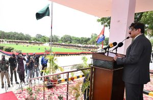 Sindh Chief Minister Syed Murad Ali Shah addresses the 132nd Passing-Out Parade of Recruit Training Course (RTC) Batch-5/2025 at Shahid Hayat Police Training College, Saeedabad.