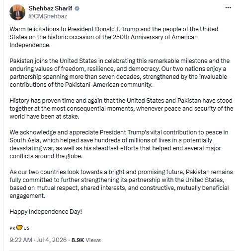PM felicitates US President Trump, people on 250th Independence Anniversary