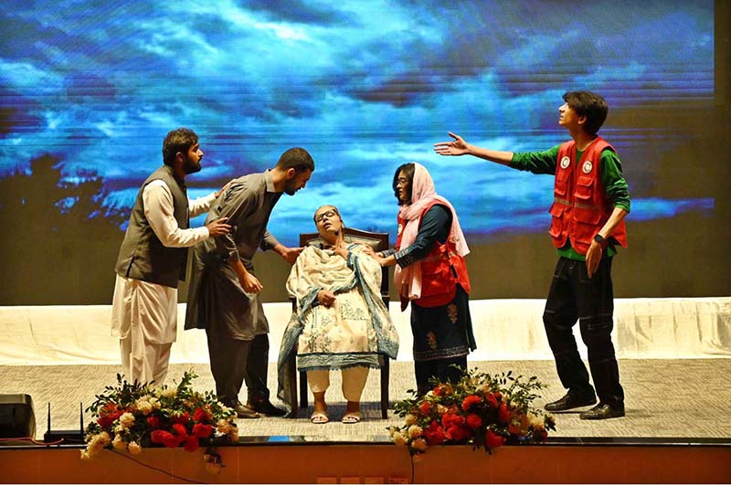 Volunteers perform a tableau during a seminar marking International Youth Day and International Humanitarian Law (IHL) Day at the Pakistan Red Crescent Society, held under the theme “Youth as Advocates for a Better Tomorrow