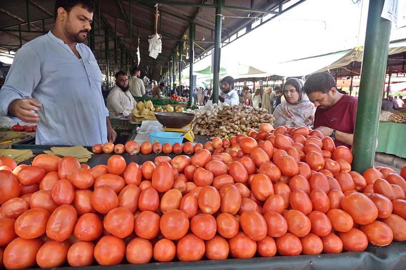 People purchasing fresh vegetables from a stall at Aabpara Weekly Bazaar in the Federal Capital