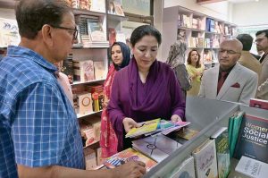 Minister of State for Federal Education and Professional Training, Ms. Wajiha Qamar talking to media persons during her visits to the National Book Foundation.
