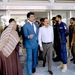 Mahesh Kumar Malani, head of the Parliamentary Standing Committee on Health, leads a committee delegation on a visit to the Pakistan Institute of Medical Sciences (PIMS) following the deaths of 14 newborns in a fire incident at the hospital