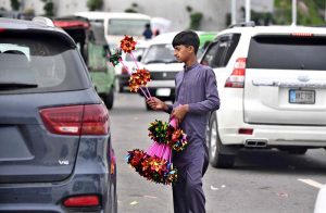 A young vendor displaying traditional handmade toys to attract the customers