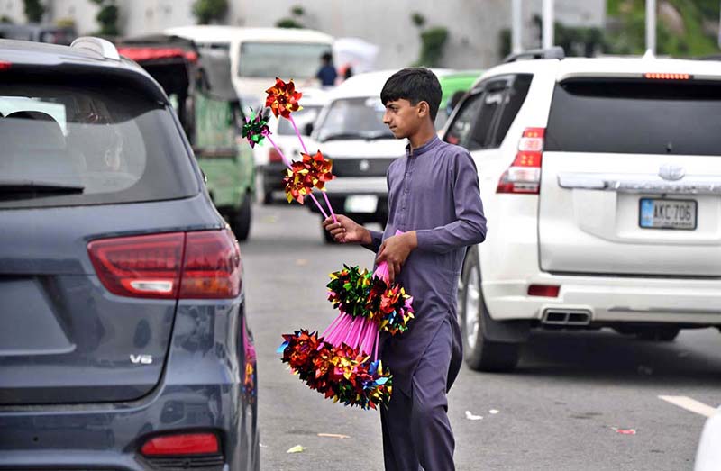 A young vendor displaying traditional handmade toys to attract the customers