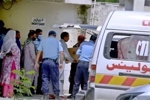 Bodies of newborn babies are shifted from the morgue to an ambulance following a tragic fire at the Mother and Child Health (MCH) Ward of Pakistan Institute of Medical Sciences (PIMS), which claimed the lives of 14 newborn babies