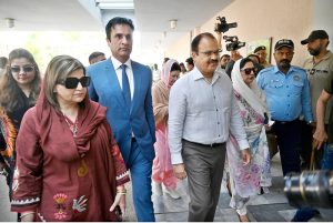 Mahesh Kumar Malani, head of the Parliamentary Standing Committee on Health, leads a committee delegation on a visit to the Pakistan Institute of Medical Sciences (PIMS) following the deaths of 14 newborns in a fire incident at the hospital