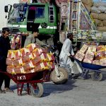 Daily-wage workers unload freshly delivered fruit boxes at the Fruit and Vegetable Market in federal capital