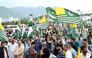 Federal Minister for Kashmir Affairs, Gilgit-Baltistan and States and Frontier Regions, Engr Amir Muqam, addresses participants after a Youm-e-Istehsal Kashmir rally at D-Chowk, condemning India's illegal and unilateral actions of August 5, 2019, in Indian Illegally Occupied Jammu and Kashmir (IIOJK).