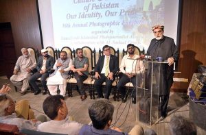 Federal Minister for National Heritage and Culture Aurangzeb Khan Khichi addresses the inaugural ceremony of the 16th Annual Photographic Exhibition “Culture and Heritage of Pakistan Our Identity, Our Pride” organized by Rawalpindi Islamabad Photojournalist Association (RIPJA) with the collaboration of Al-Sadaat Group at PNCA last late night.