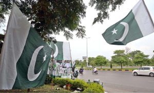 A vendor arranged and displayed children's clothes containing Pakistani flags to attract customers at a stall along the Expressway as part of Independence Day celebrations