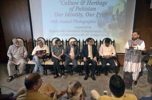 Federal Minister for National Heritage and Culture Aurangzeb Khan Khichi addresses the inaugural ceremony of the 16th Annual Photographic Exhibition “Culture and Heritage of Pakistan Our Identity, Our Pride” organized by Rawalpindi Islamabad Photojournalist Association (RIPJA) with the collaboration of Al-Sadaat Group at PNCA last late night.