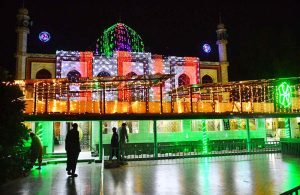 An illuminated view of Memon Masjid beautifully decorated with colorful lights in connection with Eid Milad-un-Nabi (SAWW) celebrations at Memon Society.