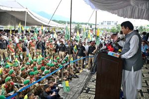Federal Minister for Kashmir Affairs, Gilgit-Baltistan and States and Frontier Regions, Engr Amir Muqam, addresses participants after a Youm-e-Istehsal Kashmir rally at D-Chowk, condemning India's illegal and unilateral actions of August 5, 2019, in Indian Illegally Occupied Jammu and Kashmir (IIOJK).
