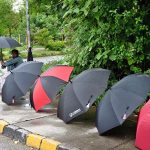 A vendor displays colorful umbrellas to attract customers for selling at his roadside setup in Federal Capital