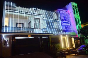 An illuminated view of Memon Masjid beautifully decorated with colorful lights in connection with Eid Milad-un-Nabi (SAWW) celebrations at Memon Society.