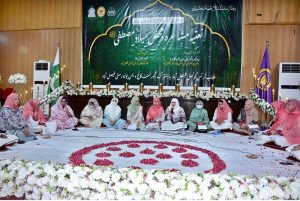 Students of Government College Women University Faisalabad (GCWUF) recite Naats in connection with Rabi-ul-Awwal at the university.