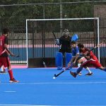 A view of the hockey final match played between Ali Amir Hockey Club and Young Crescent Hockey Club during the Inter-Tehsil Girls and Boys Hockey Championship, organized by the District Sports Department, at Astroturf Hockey Stadium
